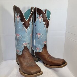 Ariat Womens Size 9.5B Floral Longhorn Western Cowboy Square Toe Tall Boots